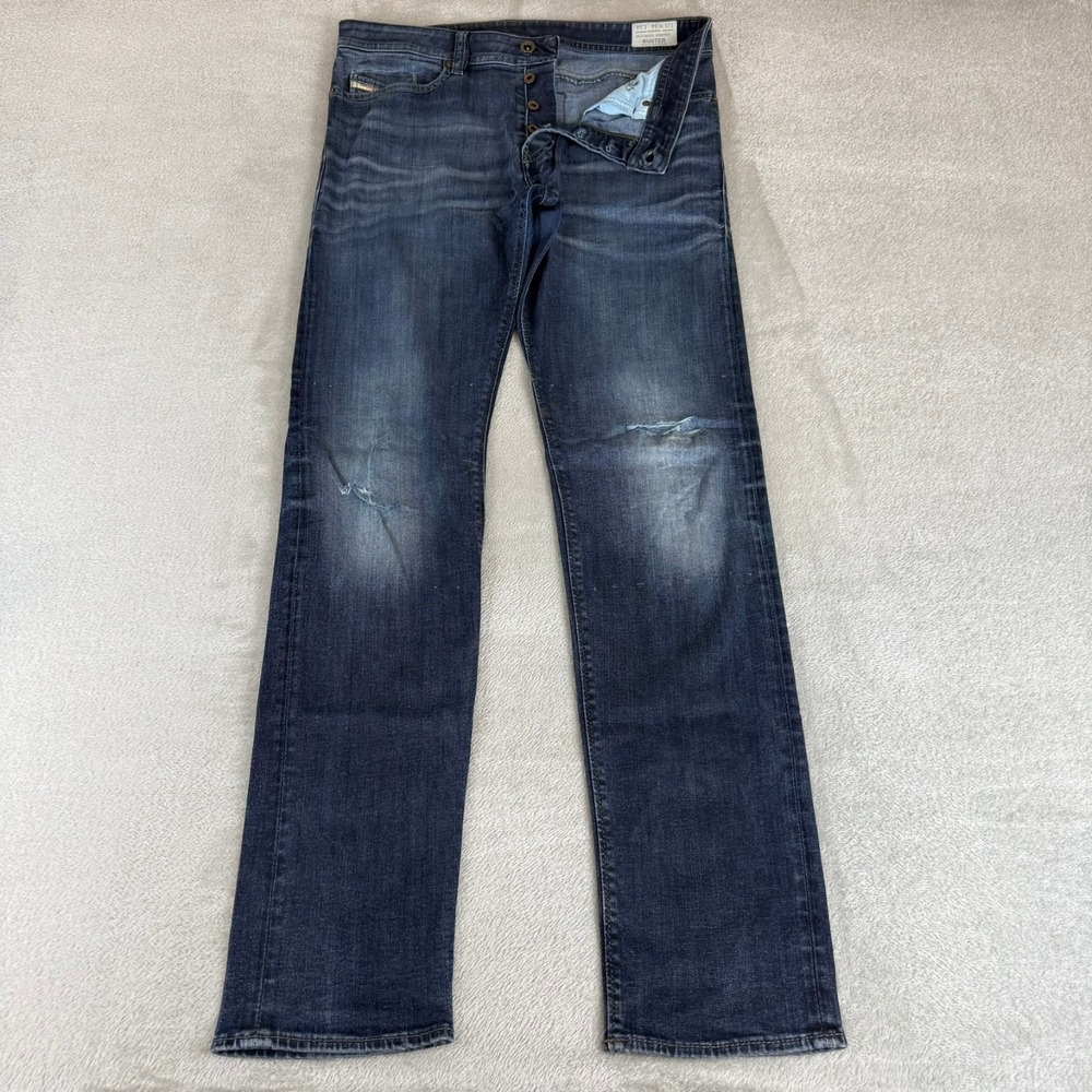 Diesel Buster Slim Tapered Jeans Mens 34x34 Blue Distressed Button Fly Stretch